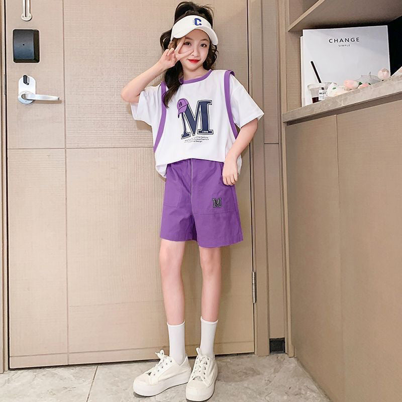 Girls' short-sleeve outfit:  summer new arrival - casual, simple, versatile, trendy, loose-fit, comfortable two-piece set for girls