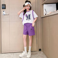 Girls' short-sleeve outfit:  summer new arrival - casual, simple, versatile, trendy, loose-fit, comfortable two-piece set for girls
