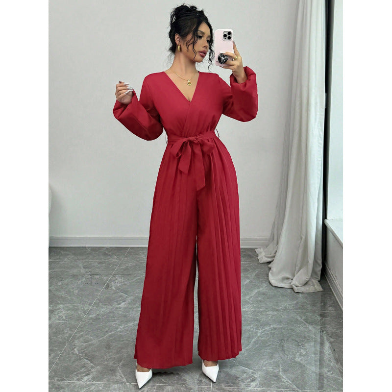 Real shot export1688fashion puff sleeve v neck tie waist pleated wide leg jumpsuit