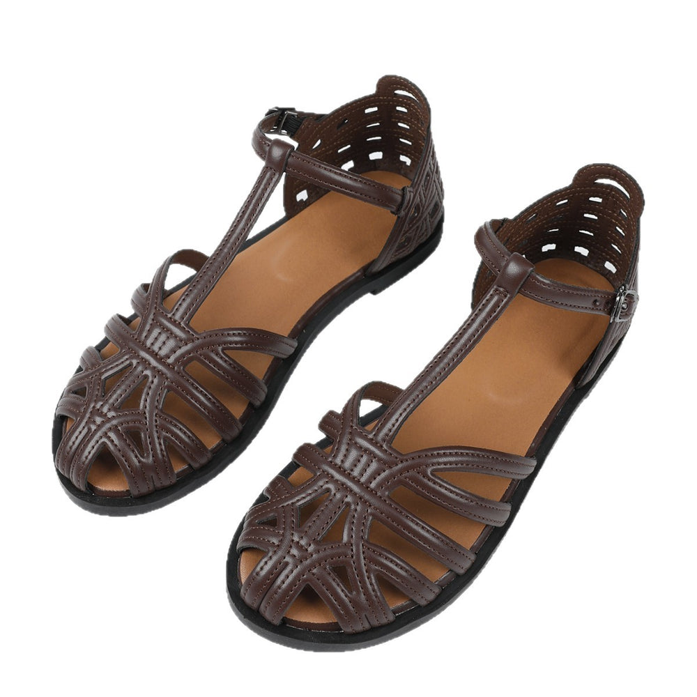 Women's flat fashion sandals - 2026 summer french retro woven hollow-out breathable closed-toe thong strap roman sandals