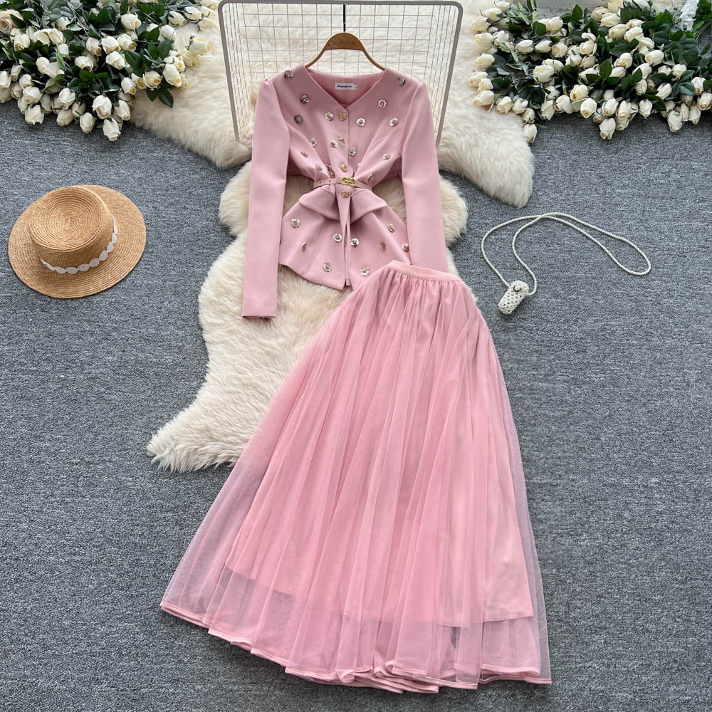 fashionspring & fallelegancesuit women's metal nail diamond long sleeves suit outwear + high waist mesh half length skirt