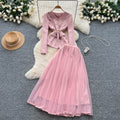 fashionspring & fallelegancesuit women's metal nail diamond long sleeves suit outwear + high waist mesh half length skirt