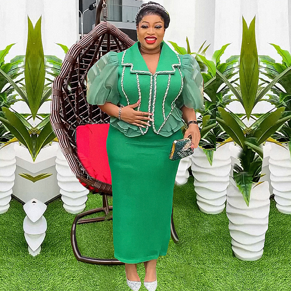 African plus size women's skirt suit cross-border export  new rhinestone patchwork two-piece dress