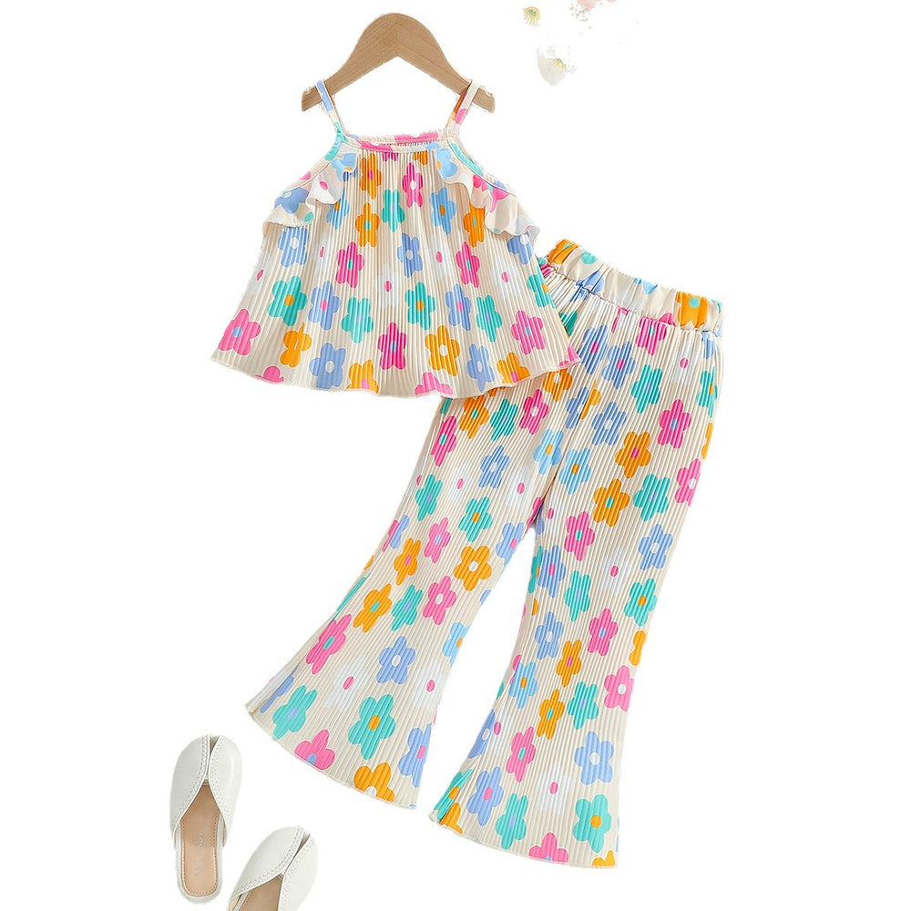 Girls' summer cami set with flared pants - dopamine floral print, ruffle collar, korean style two-piece outfit