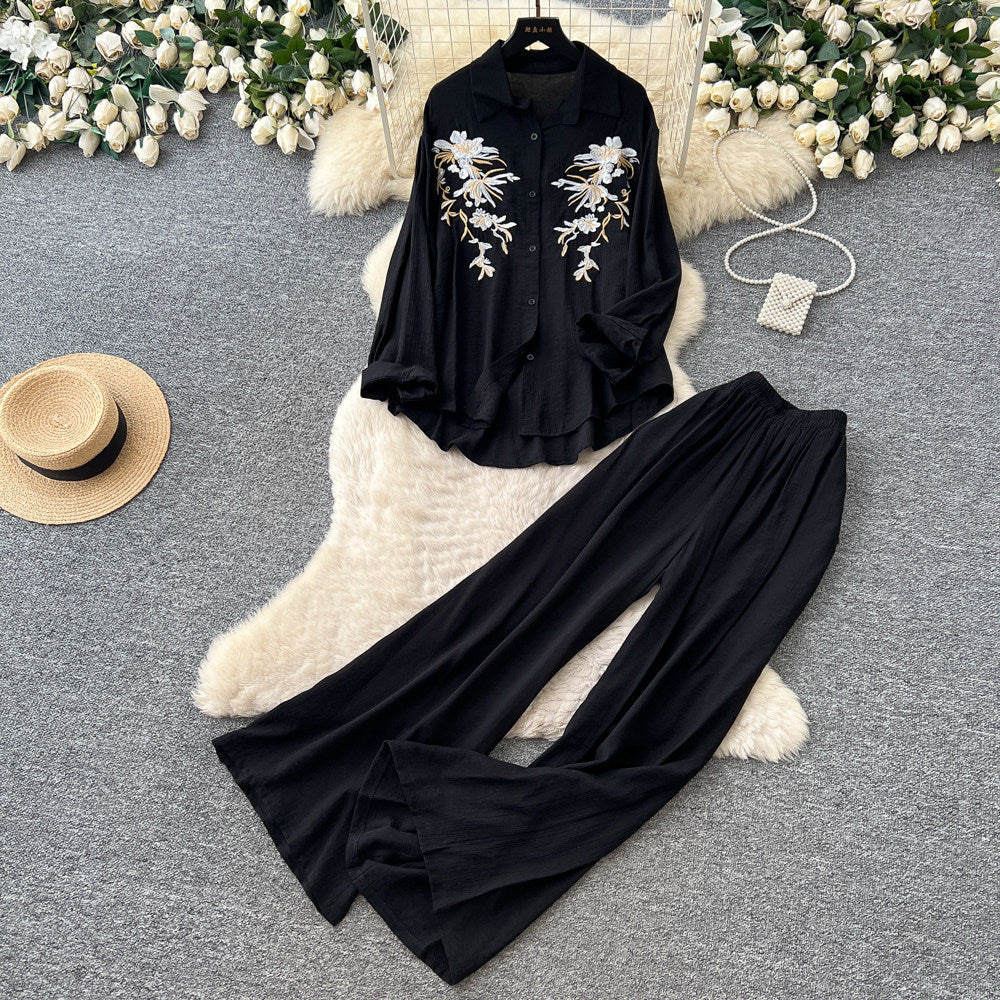 Lazy style pink embroidershirtloose pantstwo-piece set female autumlong sleevessequinwork clothingslimming lookelegantsuit