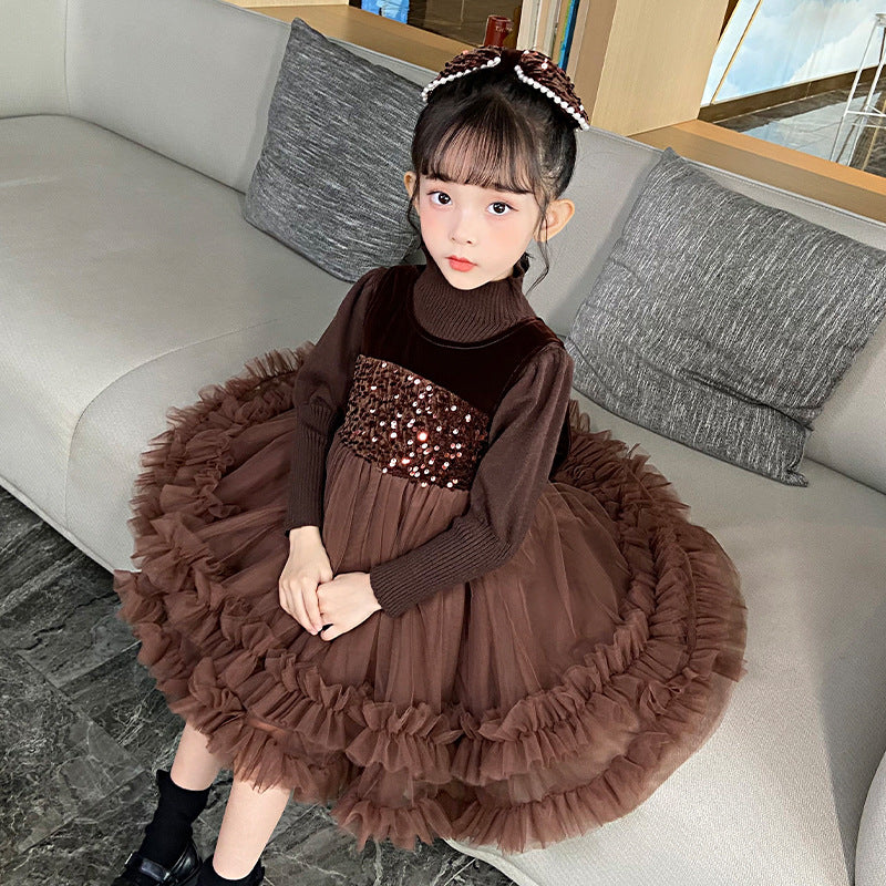Girls' dress autumn/winter new arrivals  kids' knitted sweater little girl mesh first birthday chic princess dress winter
