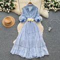French chic lantern sleeve patchwork midi dress with embroidered mesh detail - summer luxury women's dress