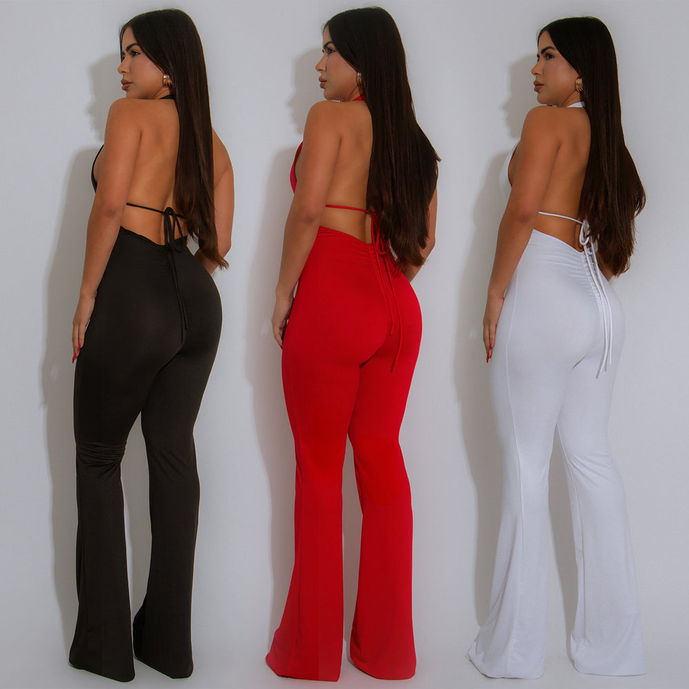C7329 cross-border   fashion women's strappy sexy deep v halter neck solid color jumpsuit new