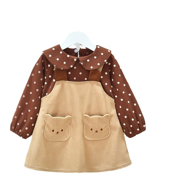 Girls' dress  autumn new style chic children's polka dot dress little bear baby princess dress kids' skirt trendy