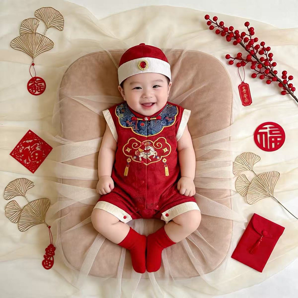 Red full moon baby boy clothes summer jumpsuit boy 100-day banquet 100-year-old banquet baby one-year-old catch zhou dress