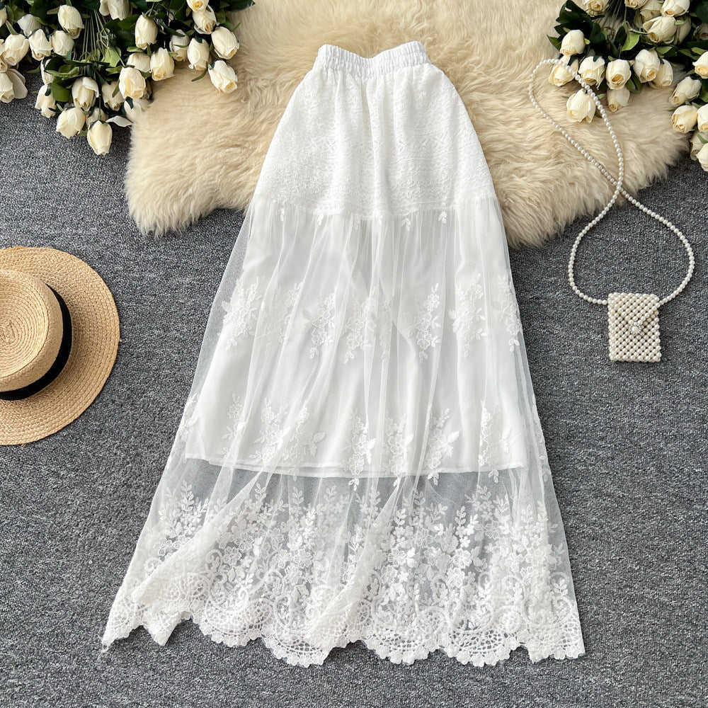French chic embroidered lace patchwork a-line midi skirt - high waist, slimming, and versatile cake skirt