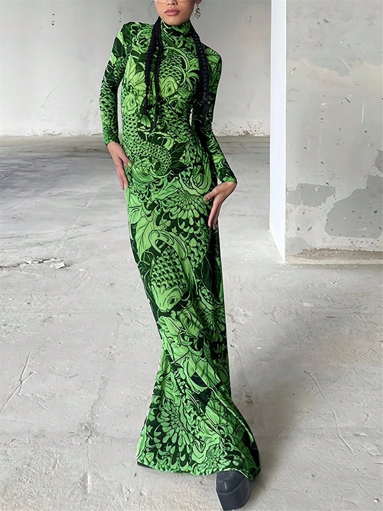 European and American  women's clothing 2023 autumn new fashion mesh printing perspective turtleneck slim and thin dress women