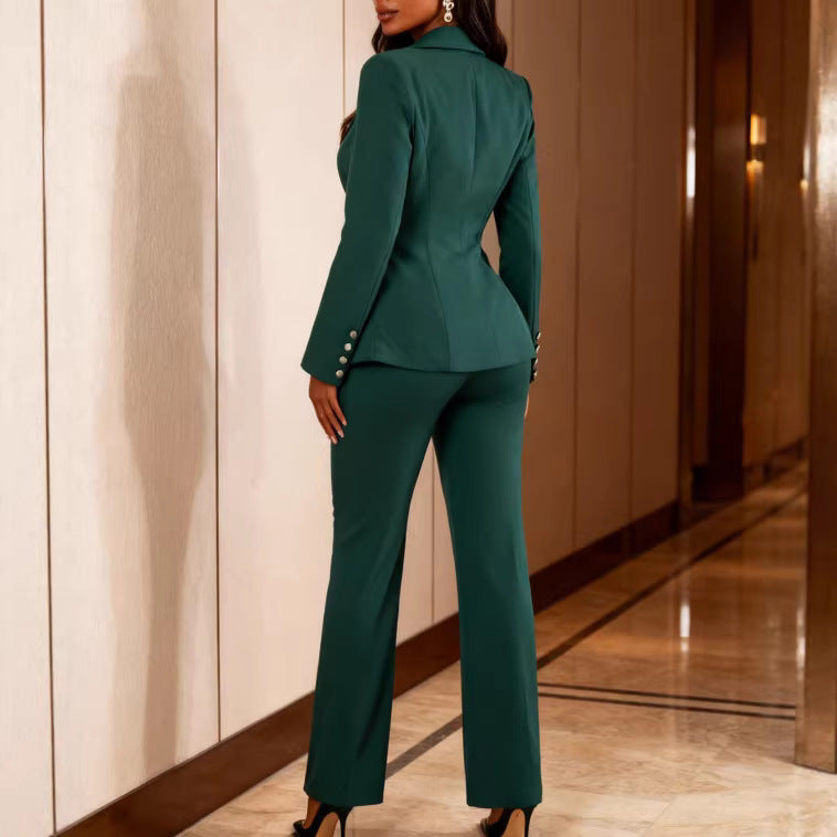 Dark green double-breasted gold button suit set - slim fit blazer and straight-leg trousers, commuter chic two-piece outfit