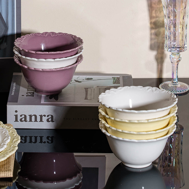 Nordic embossed ceramic western food dessert snack bowl - stylish, high-value rice bowl for home use - minimalist breakfast bowl