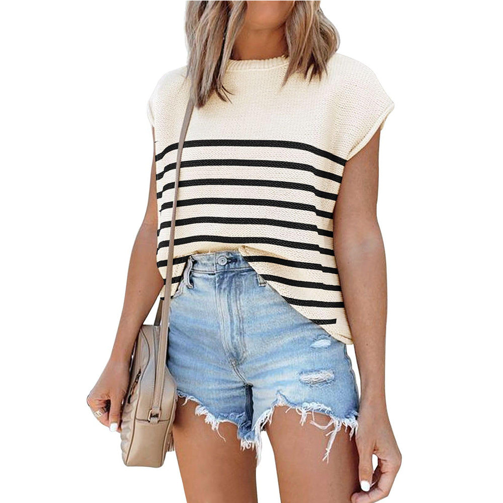 2024 summer new  European and American women's clothing  women's crew neck top thick needle casual striped sweater
