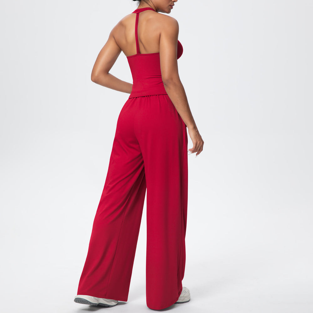 i-shaped v neck beautiful back tight breathable pure color wide-leg yoga suit sports running fitness suit for women