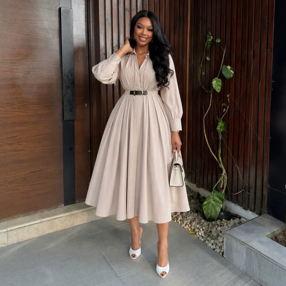 European and american cross-border women's clothing:  summer new arrival - elegant and chic lapel waist-tightening midi shirt dress with long sleeves