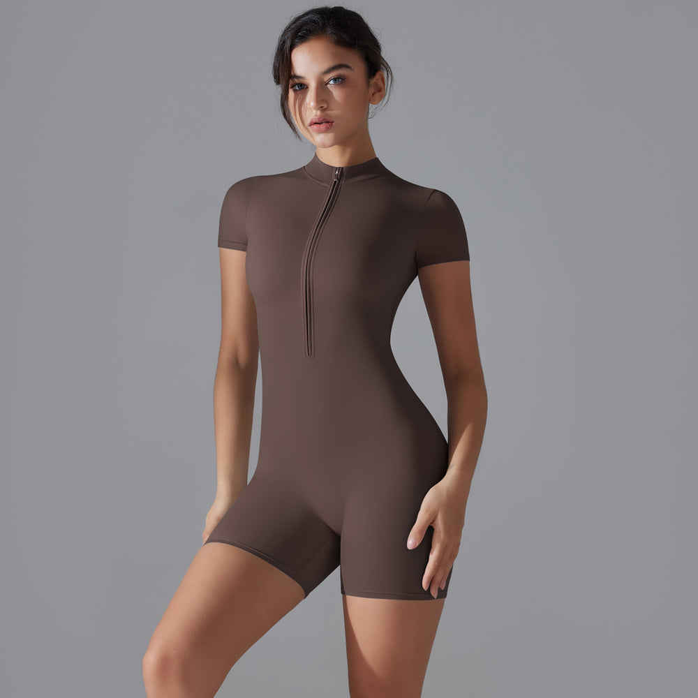 Fashion nude all-in-one style yoga clothes stand collar half open zipper short sleeve fitness jumpsuit tight sports jumpsuit