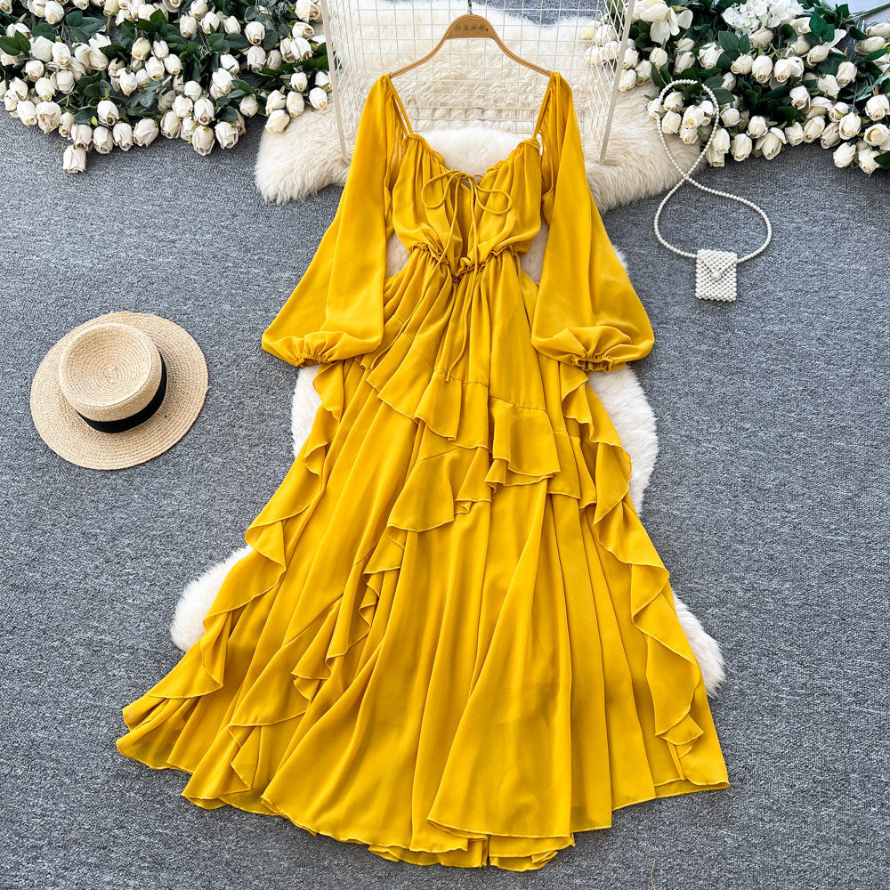 French riviera style square neck puff sleeve dress - women's summer yellow ruffle trim, slim fit, maxi swing dress