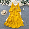 French riviera style square neck puff sleeve dress - women's summer yellow ruffle trim, slim fit, maxi swing dress