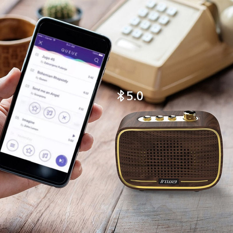 Inwa retro series mini retro speaker - desktop bluetooth speaker with premium hydrographic wood grain electroplating finish