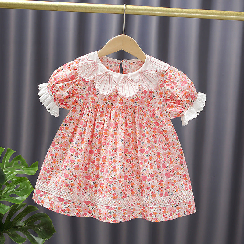 Princess dress for girls, baby summer pink floral dress, girls' dress with shell lace collar, elegant outing dress
