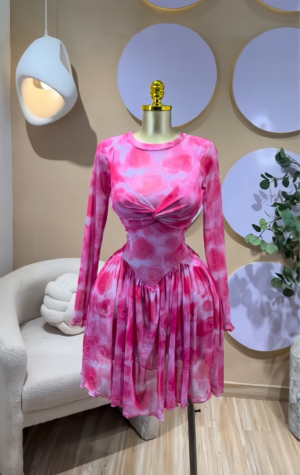 European and american cross-border women's spring  new arrival: long-sleeved crew neck bandeau print cinched waist ruched mini dress