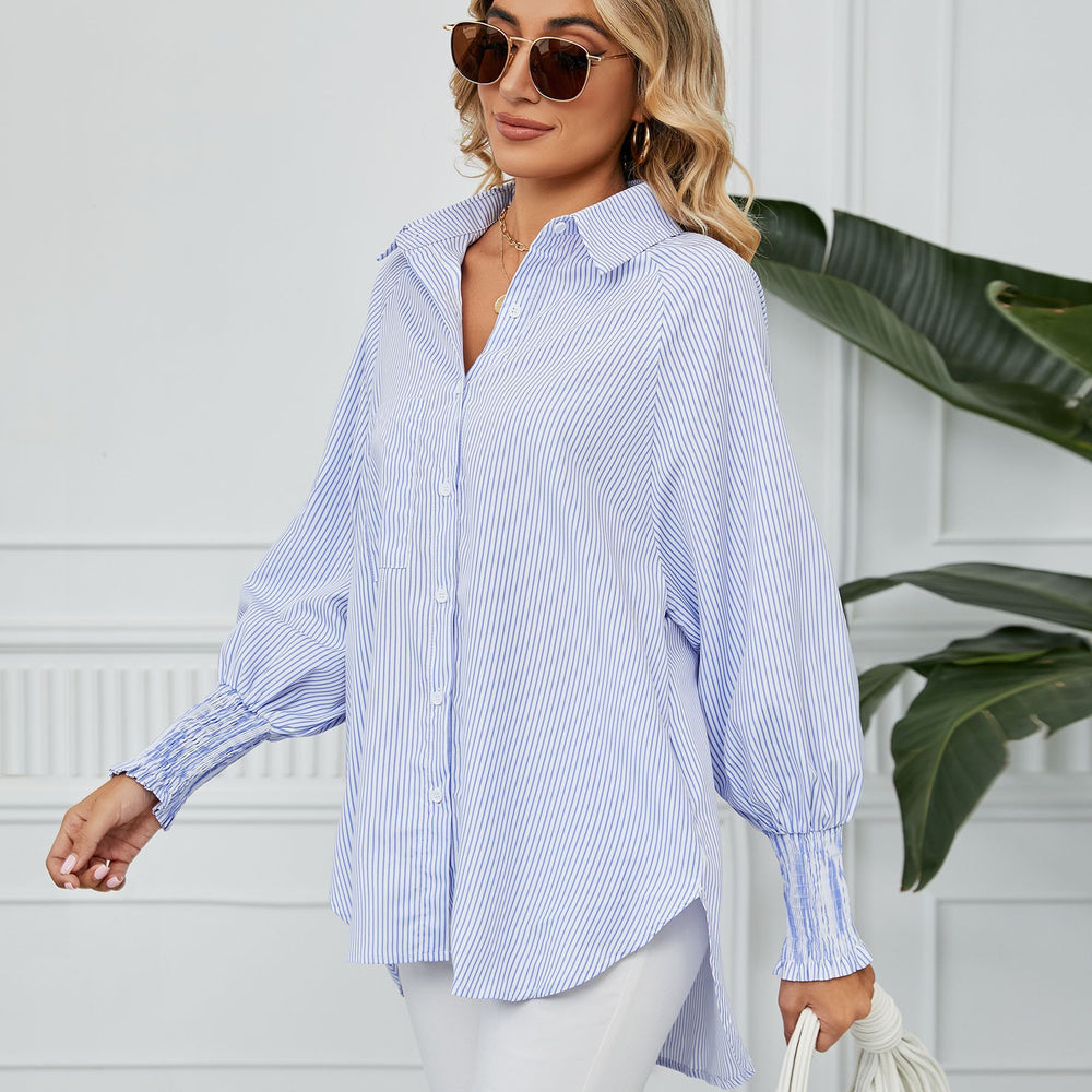 european and american women's clothing cross-border trade independent station  new arrival ruched cuff loose striped shirt top