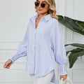 european and american women's clothing cross-border trade independent station  new arrival ruched cuff loose striped shirt top