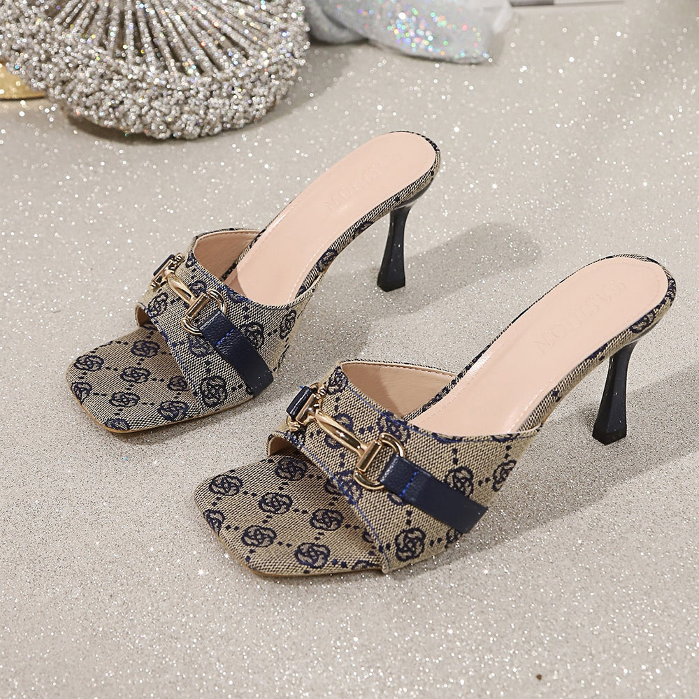 Export square toe metal chain one-word sandals women's outer wear  summer new arrival open toe fashion high heels 43