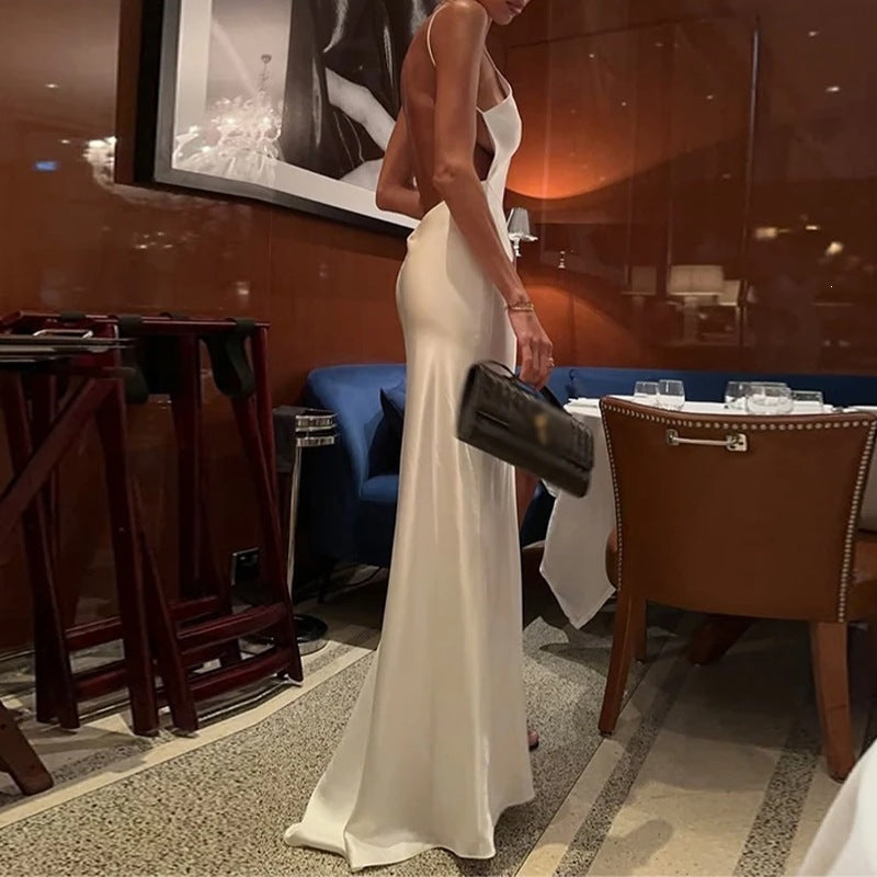 european and american cross-border women's summer new arrival: elegant satin a-line slit french slip dress