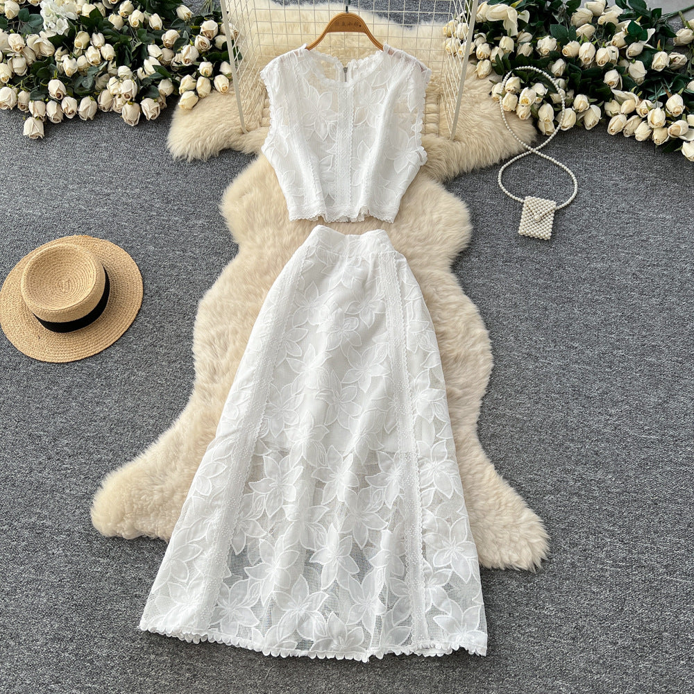 French style autumn outfit: elegant, high-end hollow-out lace embroidered sleeveless cropped top and high-waisted midi skirt set