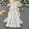 French style autumn outfit: elegant, high-end hollow-out lace embroidered sleeveless cropped top and high-waisted midi skirt set