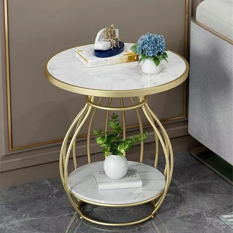 Rock slab small coffee table for home small apartment side table living room balcony round tea table double-layer storage beauty salon small table