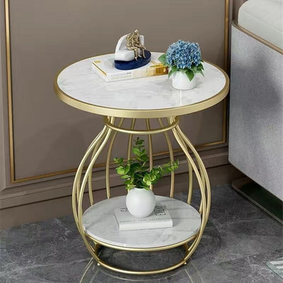 Rock slab small coffee table for home small apartment side table living room balcony round tea table double-layer storage beauty salon small table