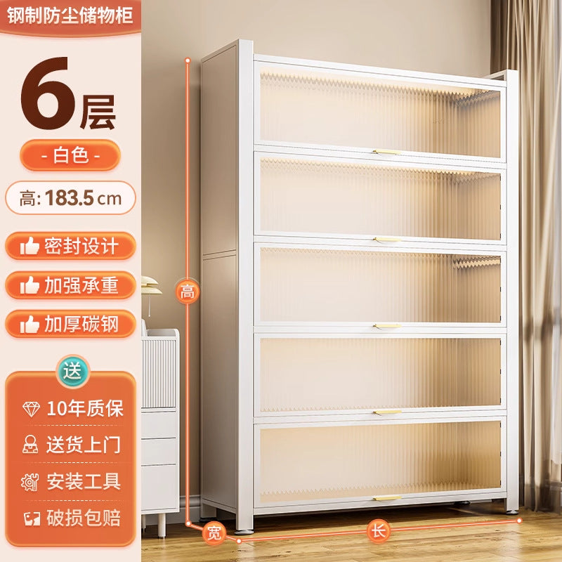 Multifunctional kitchen storage rack with cabinet doors, floor-standing, multi-tier, dustproof storage cabinet for microwave, pots, pans, and bowls