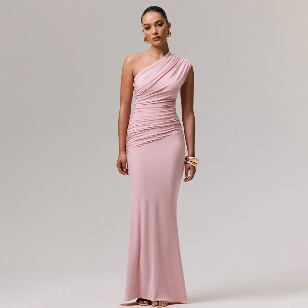 Amazon us & europe women's clothing  summer new fashion solid color elegant one-shoulder sexy slim-fit dress wholesale
