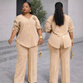 European and american cross-border african women's clothing  spring new fashion v-neck solid color long sleeve top and high-waisted pants set