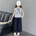 new girls' casual versatile lightweight lace trim student two-piece set - relaxed fit wide leg pants for girls