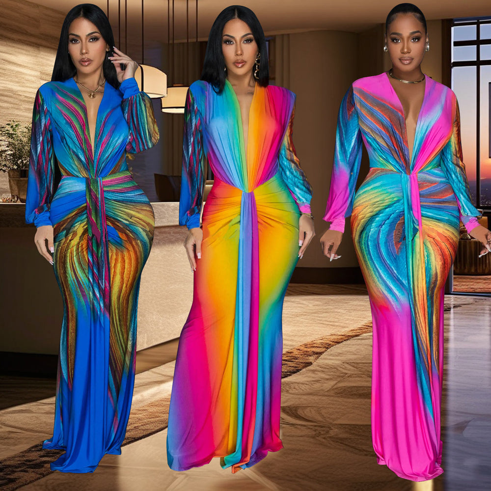 C6952 cross-border   independent station fashionfashion women's pleated color matching casualdress length