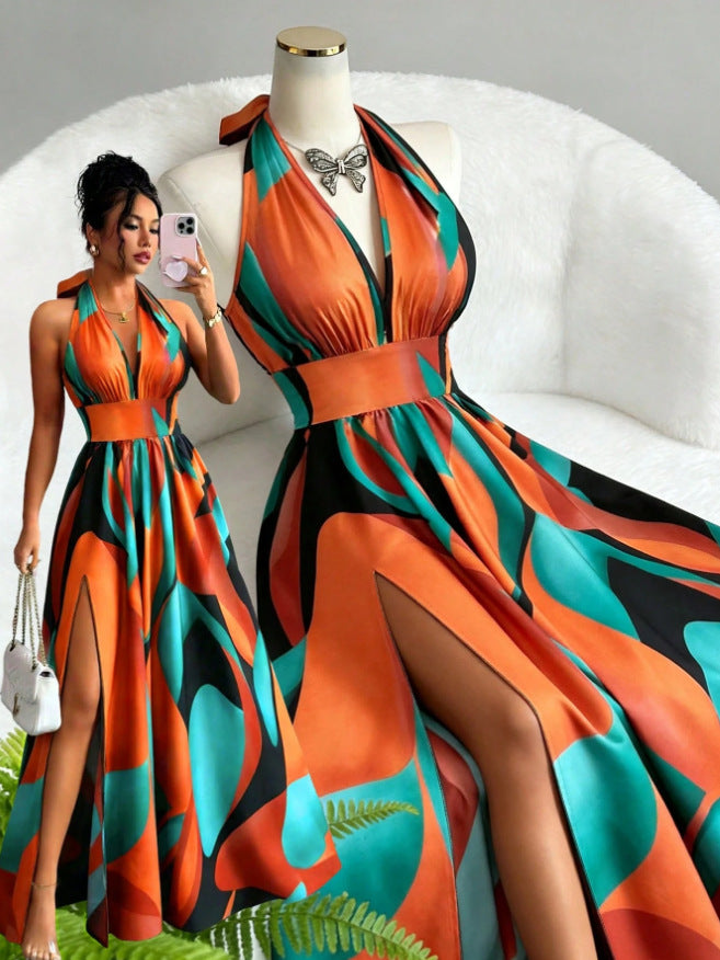 Amazon cross-border french casual elegant sexy high-end design v-neck cutout back slit a-line sleeveless maxi dress