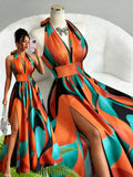 Amazon cross-border french casual elegant sexy high-end design v-neck cutout back slit a-line sleeveless maxi dress