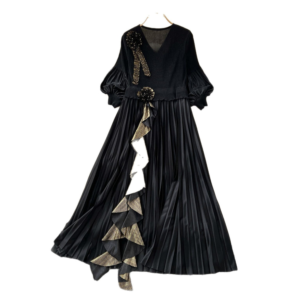 European and american style high-end women's autumn dress with ruffle trim, loose fit, and elegant flared skirt