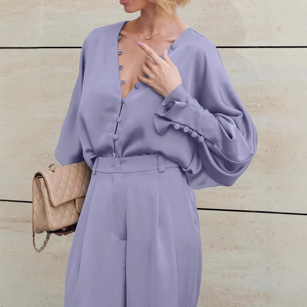 Workplace elegance purple matte satin top trousers two-piece set women's 2025 autumn  commuter suit women's clothing
