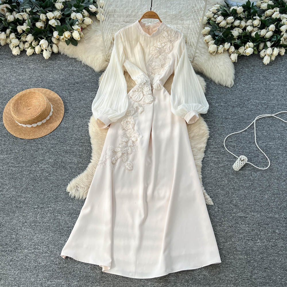 French chic flared sleeve maxi dress with 3d floral embroidery - high waist, slimming a-line silhouette