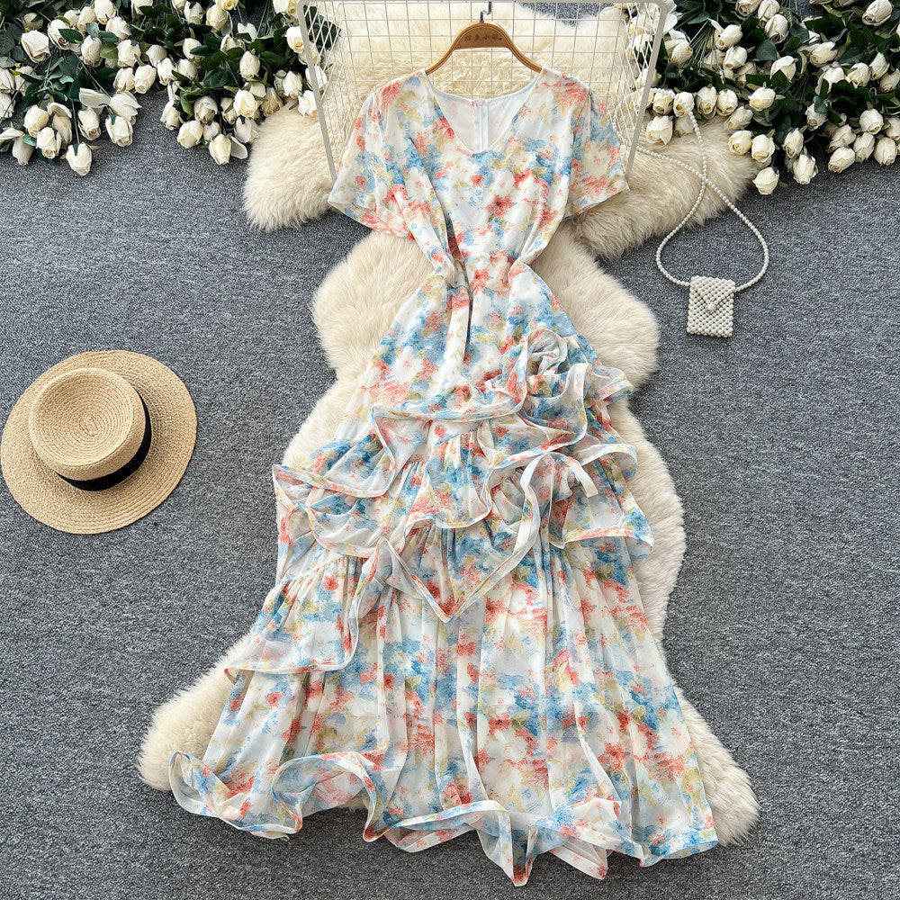 French chic v-neck floral dress - women's summer irregular short sleeve, slim fit a-line maxi dress - perfect for vacation