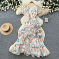 French chic v-neck floral dress - women's summer irregular short sleeve, slim fit a-line maxi dress - perfect for vacation
