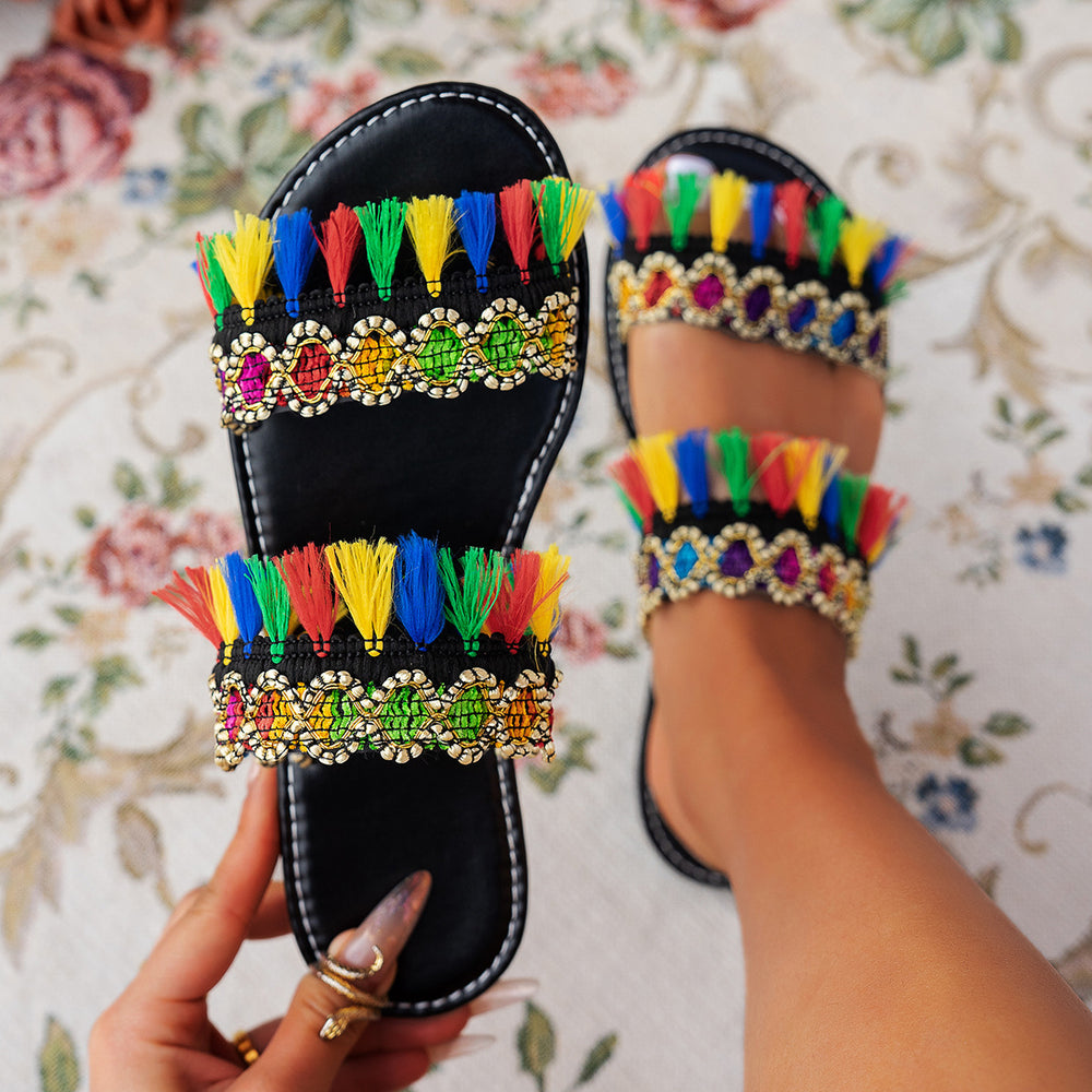 export tassel beach sandals women's  summer new bohemian flat large size slippers wholesale