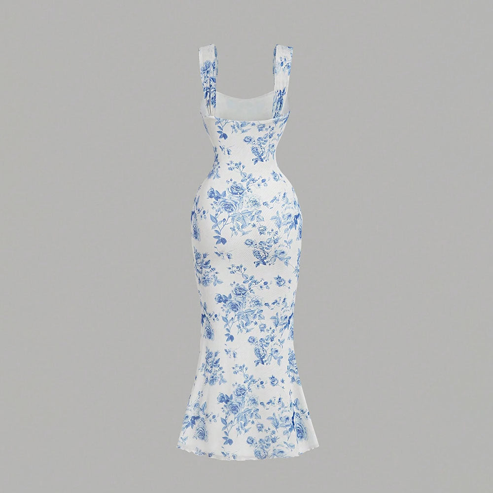 New arrival cross-border export summer women's clothing blue and white porcelain printing hip-covering sexydressbacklesstube top suspender mermaid dress