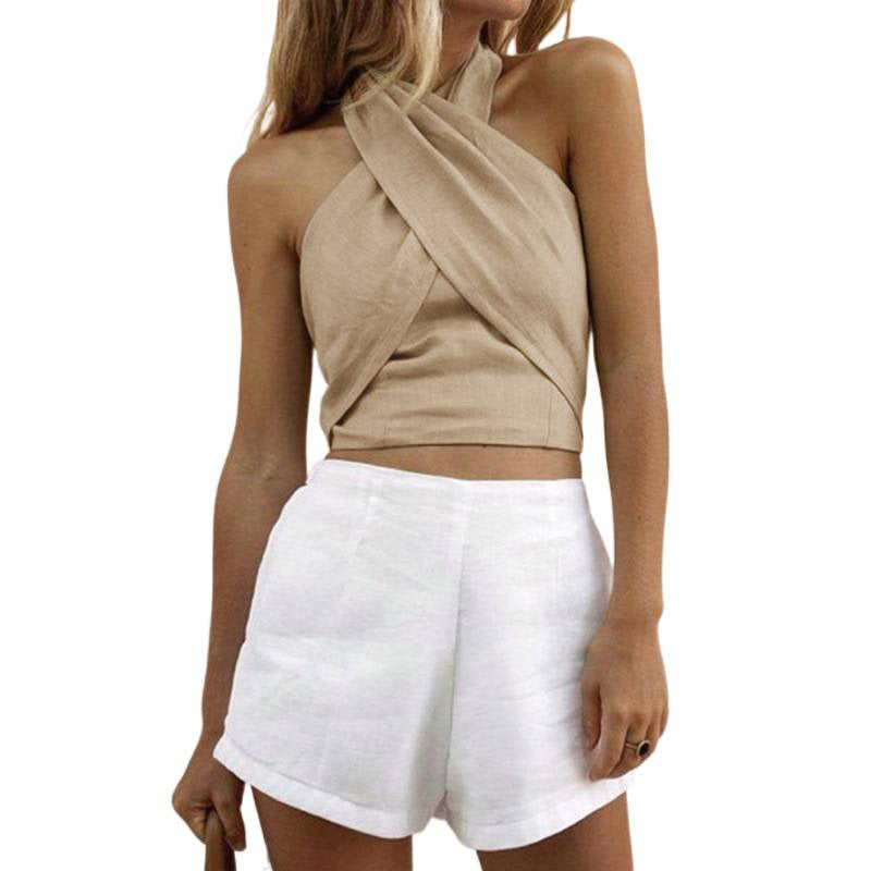 Women's criss-cross halter crop top, slim-fit tank top – perfect for vacation, everyday casual wear, and summer chic